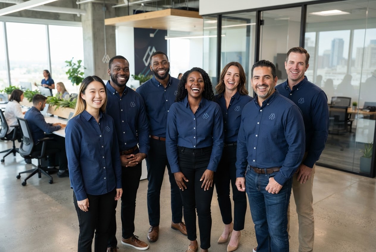 A business team wearing custom corporate apparel